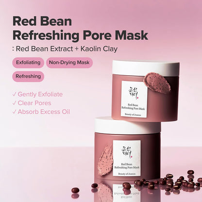 Red Bean Refreshing Pore Mask with product details on a pink background