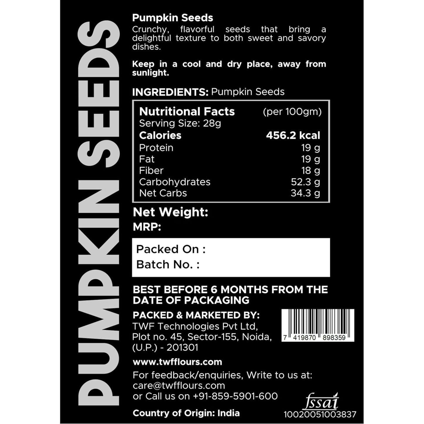 TWF Virgin Pumpkin Seeds | AAA Grade Seeds for Eating | High Protein, Fibre & Magnesium | Raw | Unroasted | Unsalted | Highest Natural Potency | Resealable Pack | Healthy Diet Snacks