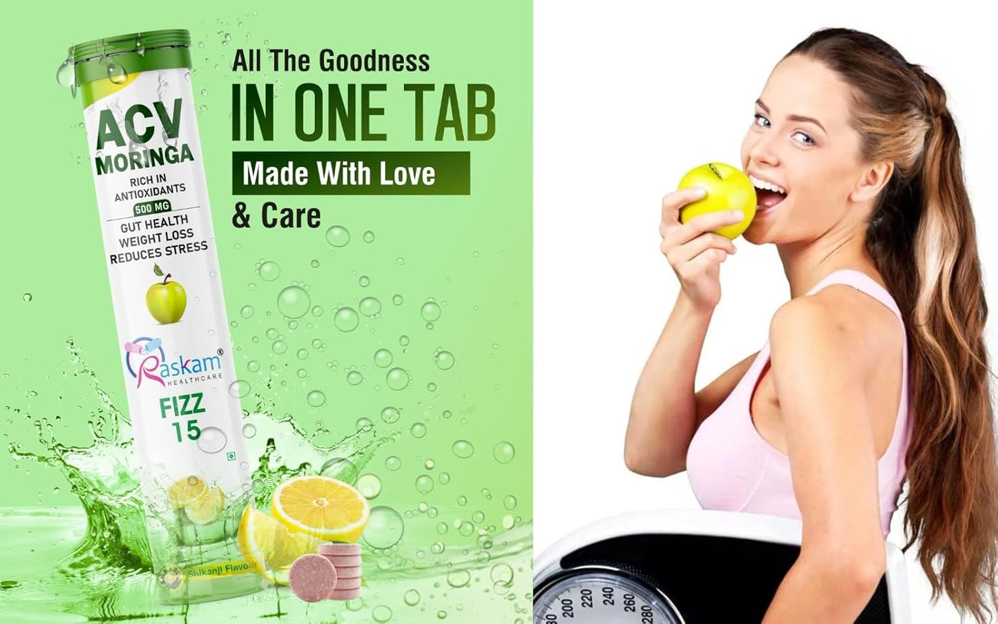 ACV Moringa 500mg Shikanji Flavour 15 Effervescent Tablets For Gut Health | Weight Loss | Reduces Stress | 100% Vegan | 15 Tablets Each (Pack of 1)