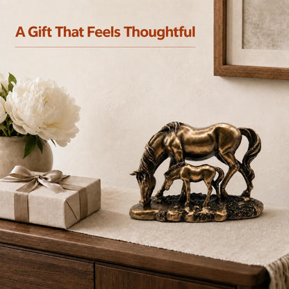 Graceful Mare & Foal Horse Sculpture Showpiece for Home & Office Décor | Nature-Inspired Decorative Figurine for Living Room, Study, Shelf & Console Table Styling - Bronze