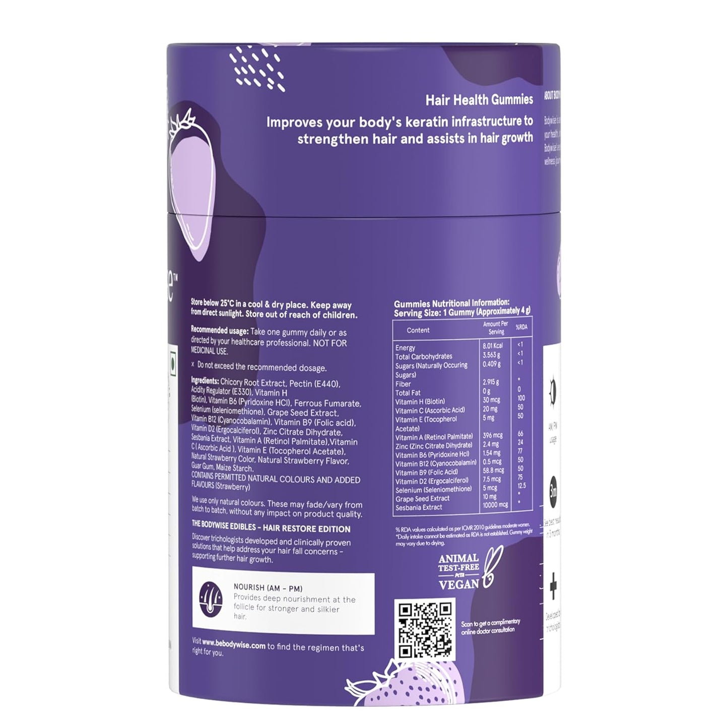 Be Bodywise Biotin Hair Gummies for Postpartum Hair Fall | 60 Day Pack | With High Potency Biotin, Zinc, Folic Acid, Fibre & Multivitamins | Strawberry Flavour