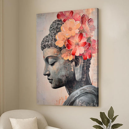 Pink Floral Buddha Painting for Living Room, Buddha wall Art Painting for living room, Bedroom, office and Home, Canvas, 16x22 Inch