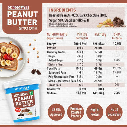 MYFITNESS Peanut Butter Chocolate Spread Smooth| 22g Protein & 6g Fiber | Healthier Nut Butter Spread for Breakfast, Snacks & Bread Treats | Cholesterol Free | Zero Trans Fat | Pure Roasted Nuts