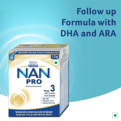 Nestlé NAN PRO 3 Follow-Up Formula-Powder After 12 months, Up to 18 months, Stage 3, 1.2 Kg, 3 x 400g Pouch in Box