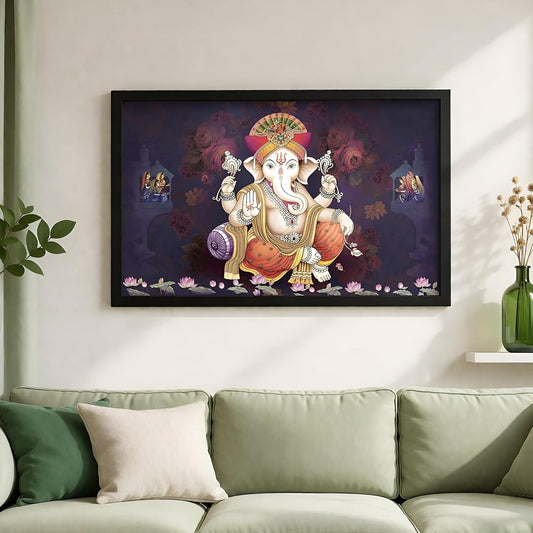 Lucky Pagdi Ganesha Religious Wooden Art Framed Painting - Ready to Hang (Multicolour, Medium, 12inch x 18 inch)