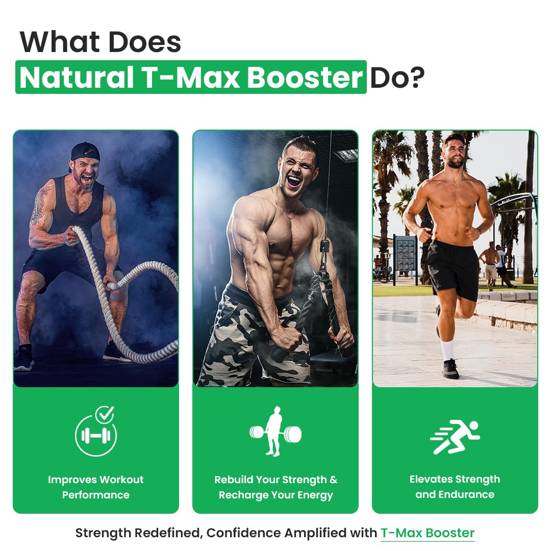 Promotional graphic for T-Max Booster with images of a man exercising and text about its benefits.