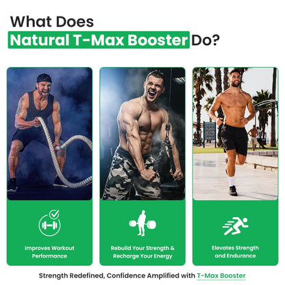 Promotional graphic for T-Max Booster with images of a man exercising and text about its benefits.