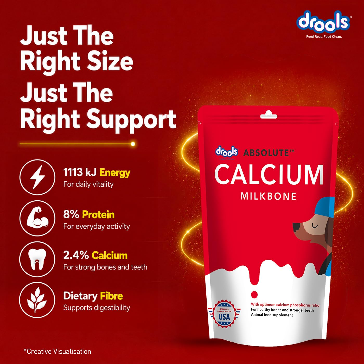 Drools Absolute Dog Treat Calcium Bone Pouch, 190g Pack | Chicken Flavour | Healthy Bones & Joint | Strong Teeth | Optimum Calcium & Phosphorus Ratio,All Life Stages