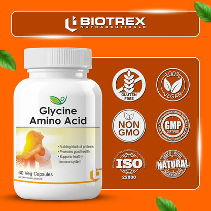 Biotrex Nutraceuticals Glycine Amino Acid 500mg | Support Muscle, Brain and Sleep Health | Better Immune System, Metabolic & Digestive Health | Lab Tested | 60 Veg Capsules