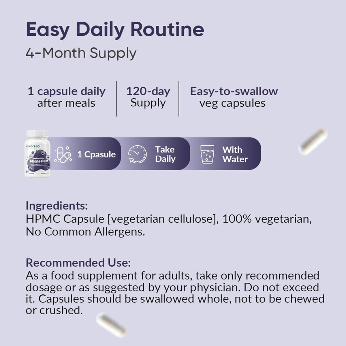 Supplement packaging with daily routine instructions and product details on a purple background