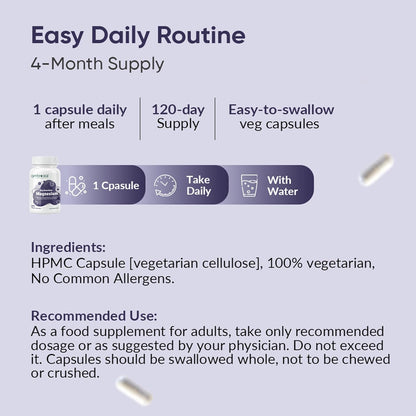 Supplement packaging with daily routine instructions and product details on a purple background