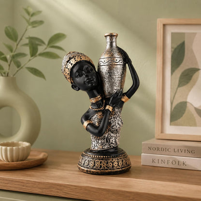 Beautiful African Lady with Pot for Table Décor | Home Décor (Pack of 1, Black,Silver & Golden)