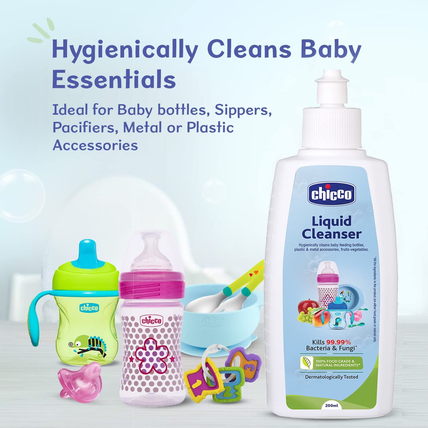 Chicco Liquid Cleanser 200ml I 100% Food Grade & Natural Ingredients I Kills 99.99% germs I Effective cleaning of baby Bottles, Nipples, Accessories and Toys I Baby safe & Dermatologically Tested