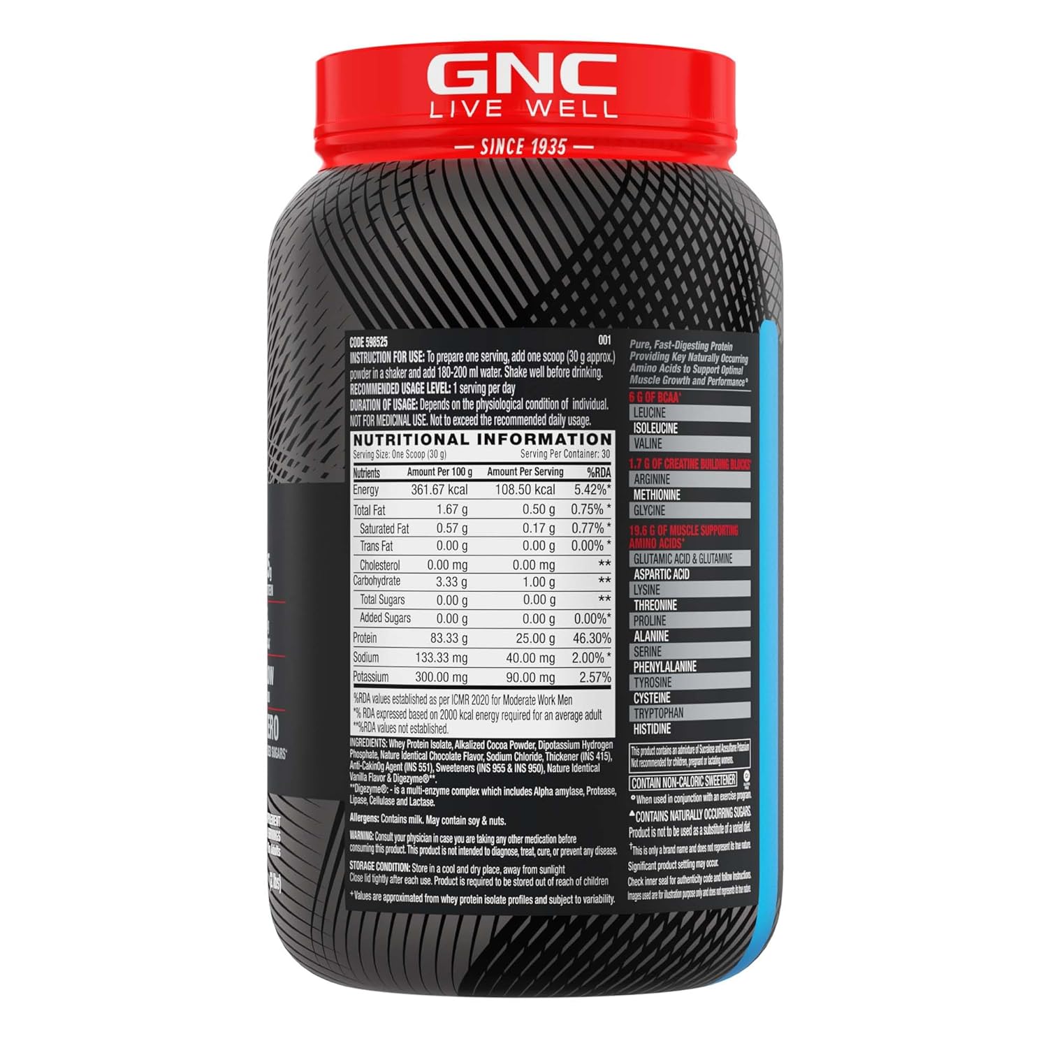 Zephivo GNC Amp Pure Isolate Zero Carb | 2 Lbs | 30 Servings | Boosts Athletic Performance Builds Lean Muscles | Speeds Up Recovery | Digezyme For Easy Digestion | 25G Protein | 6G Bcaa | Chocolate Frosting