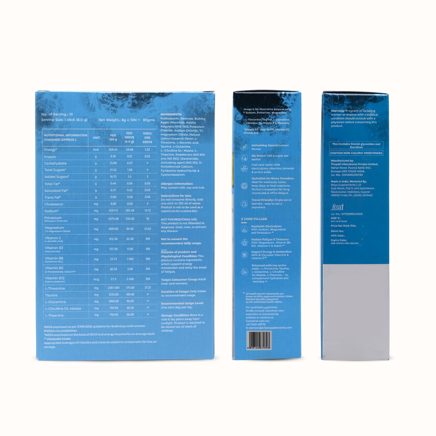 Three views of a blue product packaging with text and a barcode on a white background