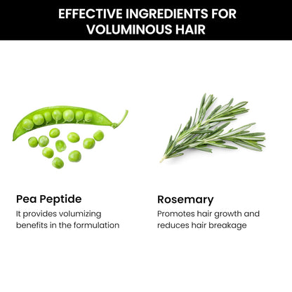 Illustration of pea pods and rosemary with text on effective ingredients for voluminous hair.
