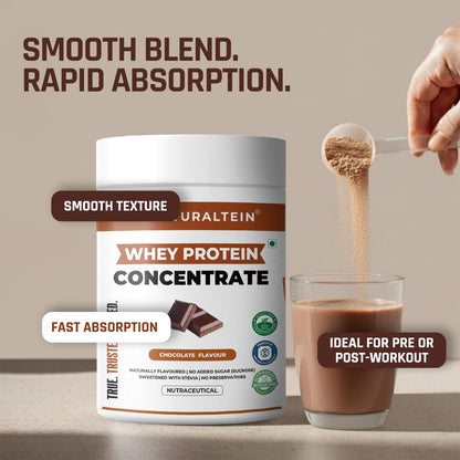 Nuraltein whey protein concentrate with a glass of chocolate protein shake and a scoop of powder.
