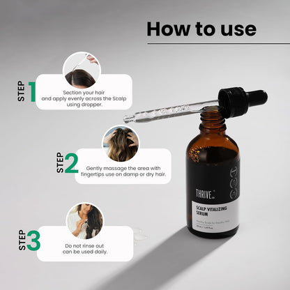 Thrive scalp vitalizing serum with usage instructions on a gray background