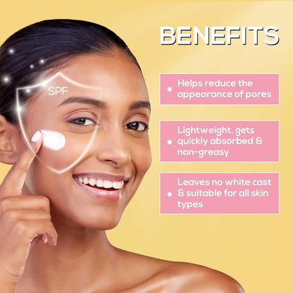 Woman applying skincare product with text highlighting benefits on a yellow background