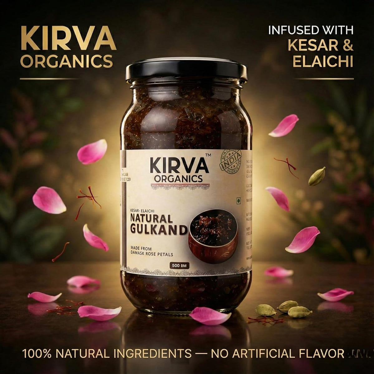 Kirva Organics Natural Gulkand 500g | Sun-Cooked Damask Rose Petals & Rock Sugar | Infused with Kesar & Elaichi | Ayurvedic Digestive & Natural Body Coolant | No Artificial Flavors