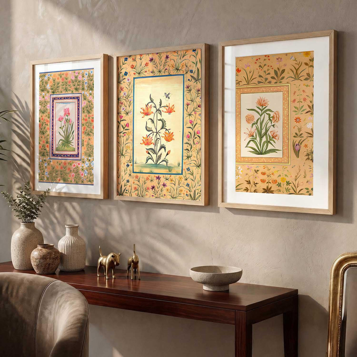 Decorative Indian Traditional Madhubani Wall Art Home Decor Pichwai Painting Poster With Frame For Living Room Bed Room Hotel Wall Decor Digital Reprint Set of 3 (13X17 inch)