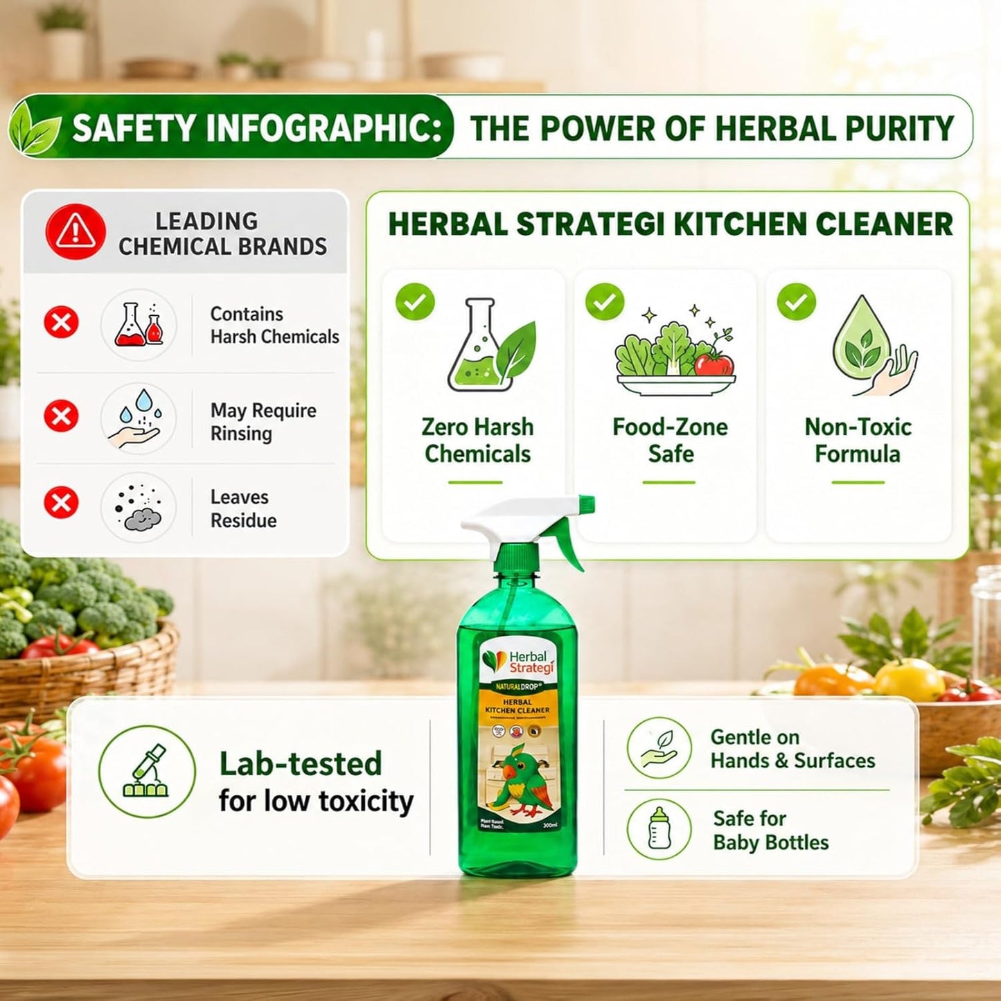 Herbal Strategi Kitchen Cleaner Spray Khanewala Clean – Food-Safe & Non-Toxic | Everyday kitchen cleaner | Safe for Organic Kitchens, Baby High-Chairs & Countertops | No Harsh Chemical Residue