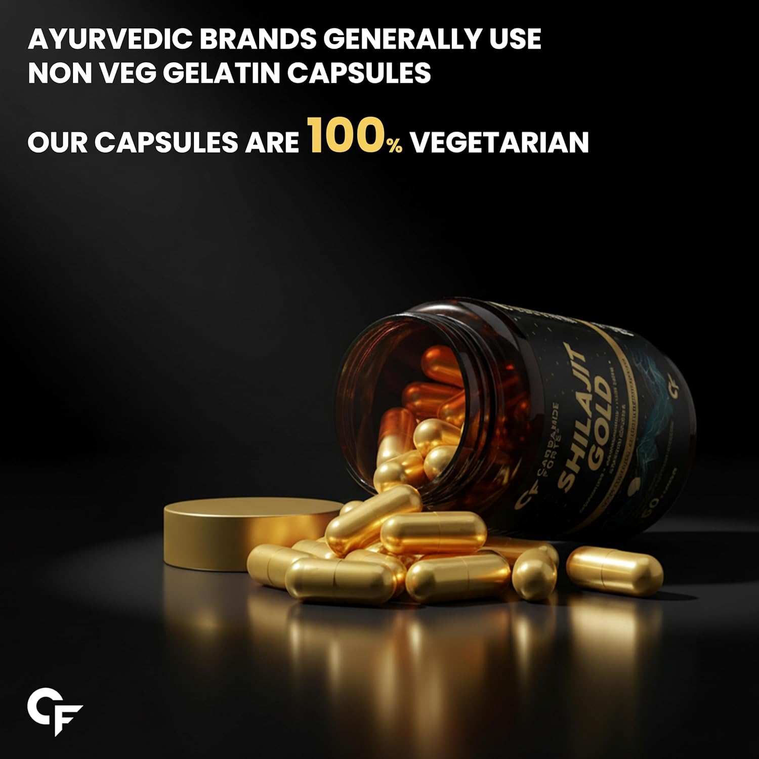 Shilajit Gold capsules with text about vegetarian capsules on a dark background