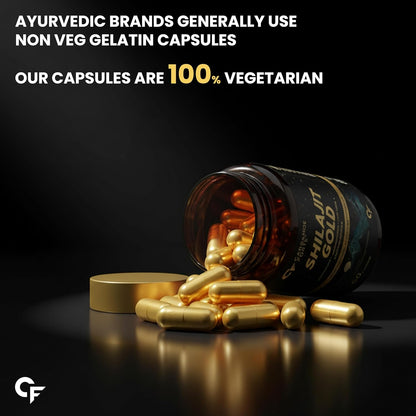 Shilajit Gold capsules with text about vegetarian capsules on a dark background