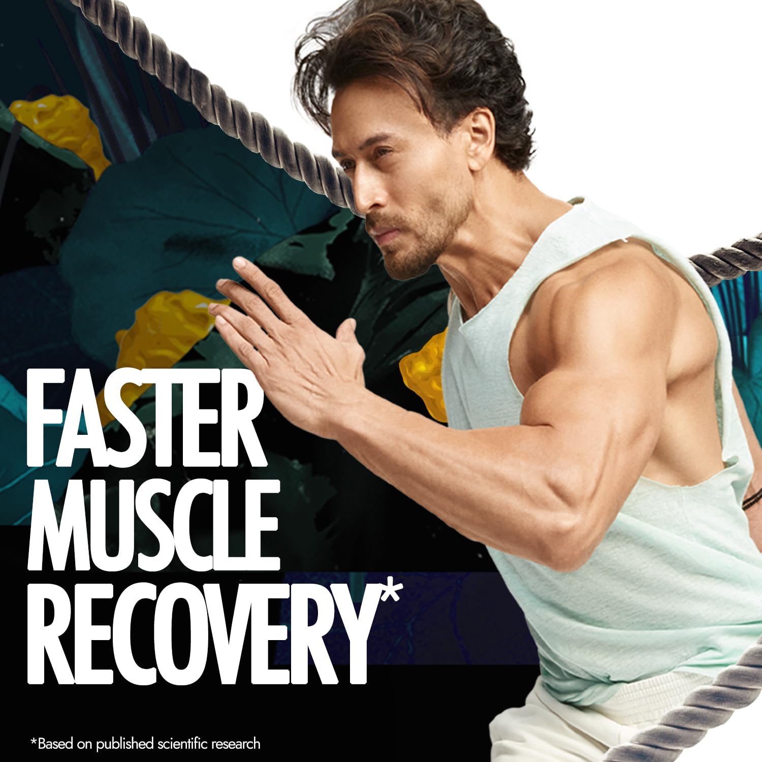Man in a white tank top sitting on a bench with text about faster muscle recovery.