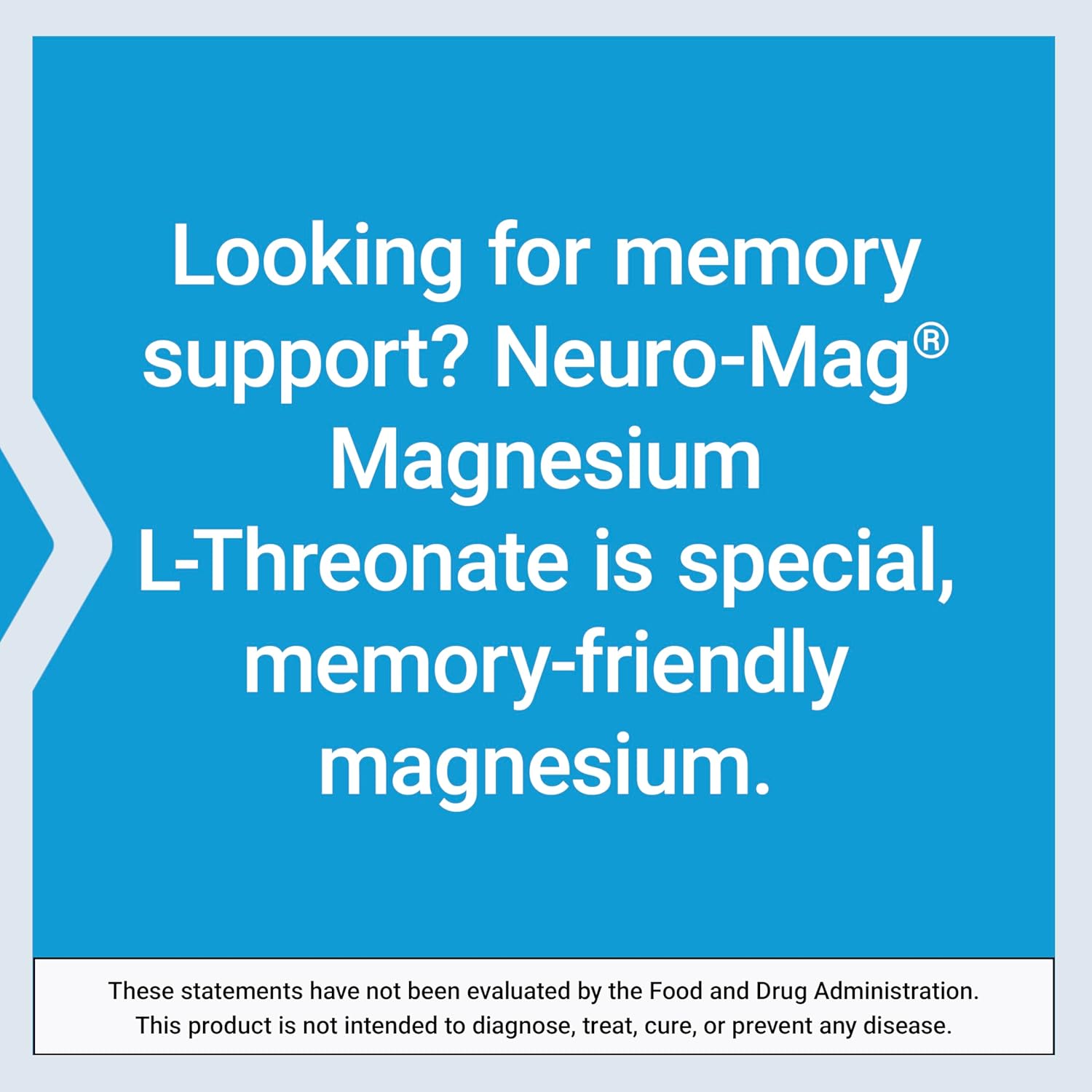 Advertisement for Neuro-Mag Magnesium L-Threonate with a blue background and white text.