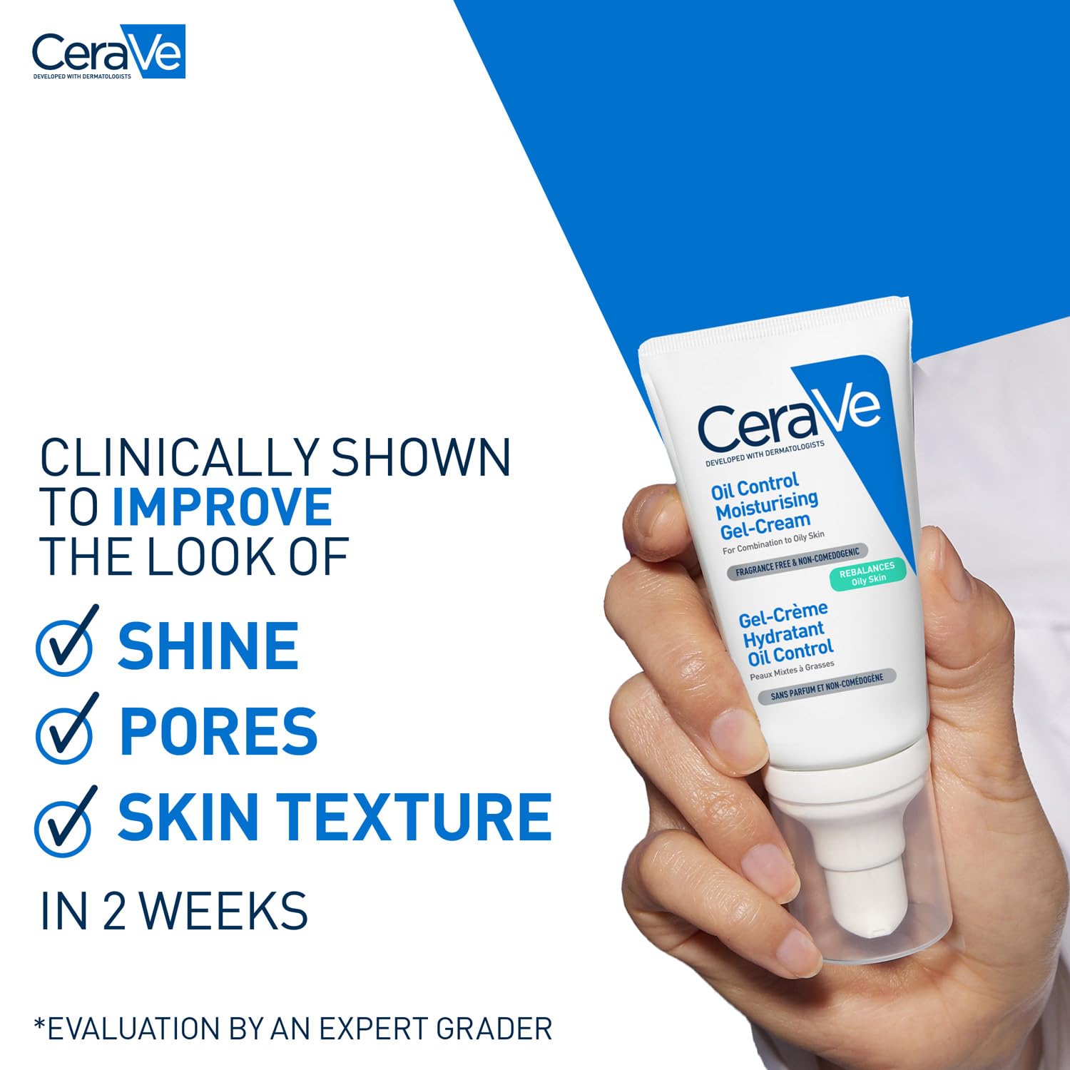 CeraVe oil control moisturizing gel-cream with a hand holding it, on a white and blue background.