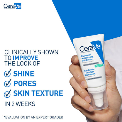 CeraVe oil control moisturizing gel-cream with a hand holding it, on a white and blue background.