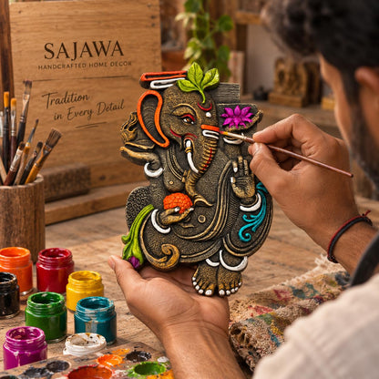 Ganesh Ji Wall Hanging Terracotta Idol Murti for Door Entrance, Main Gate, Mandir, Home & Office Decoration | Ganesha Ganpati Wall Sculpture | Spiritual & Religious Gifts (26x17 CM)