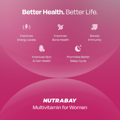 Nutrabay Pro Active Multivitamin for Women – Effective Doses of Iron, Vitamin A, B5, B6, C, D, E & K and Minerals – Immunity, Hair, Skin & Bone Support – 60 Tablets | 100% RDA Dosage | Purity Tested