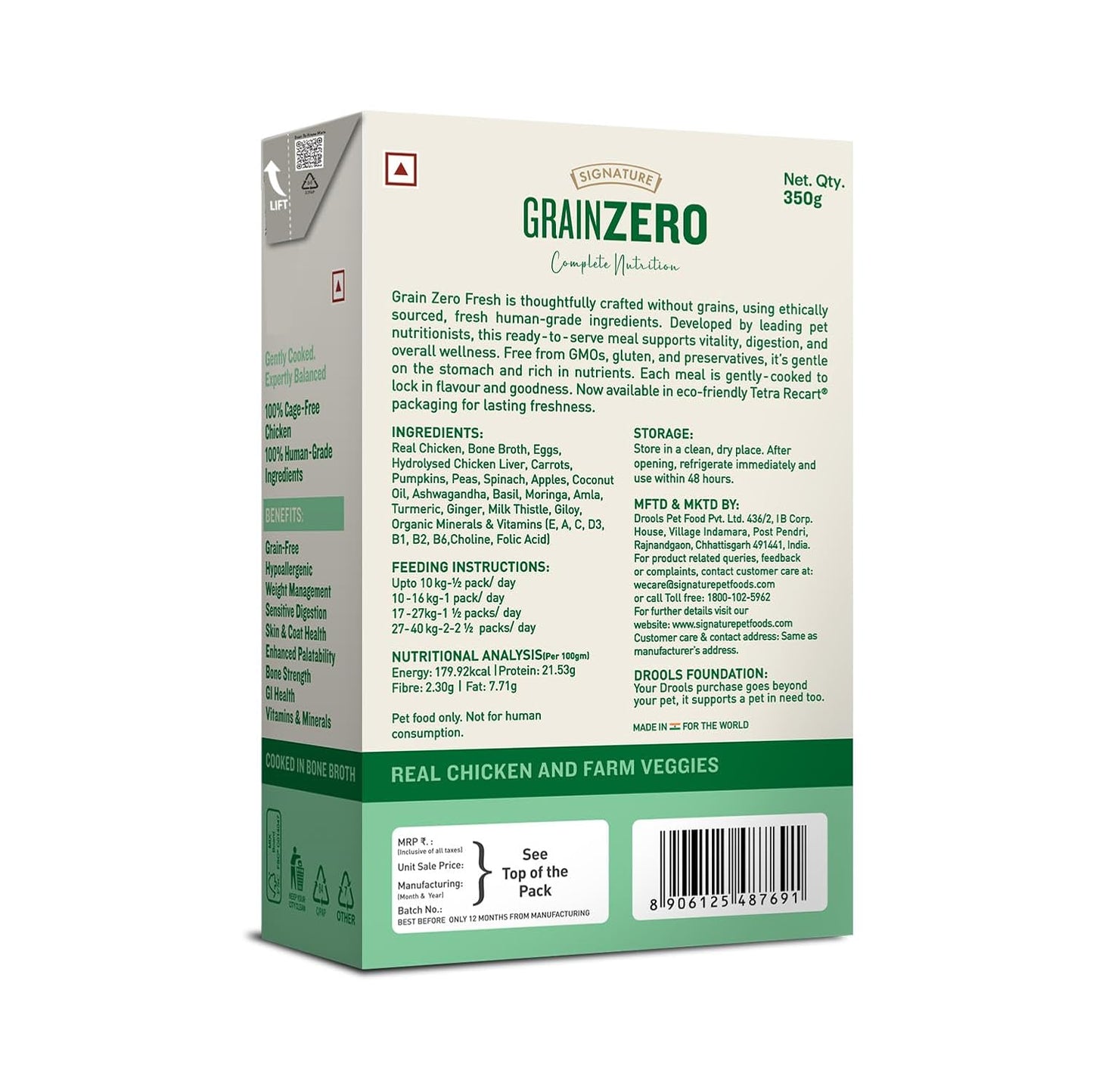 Grain Zero Dog Fresh Food Tetra Pak Real Chicken & Vegetables, for Adult & Puppy, 350g | Supports Joint & Health | Immune System | Anti Inflammatory Properties | Ready to Serve | One Pack One Meal