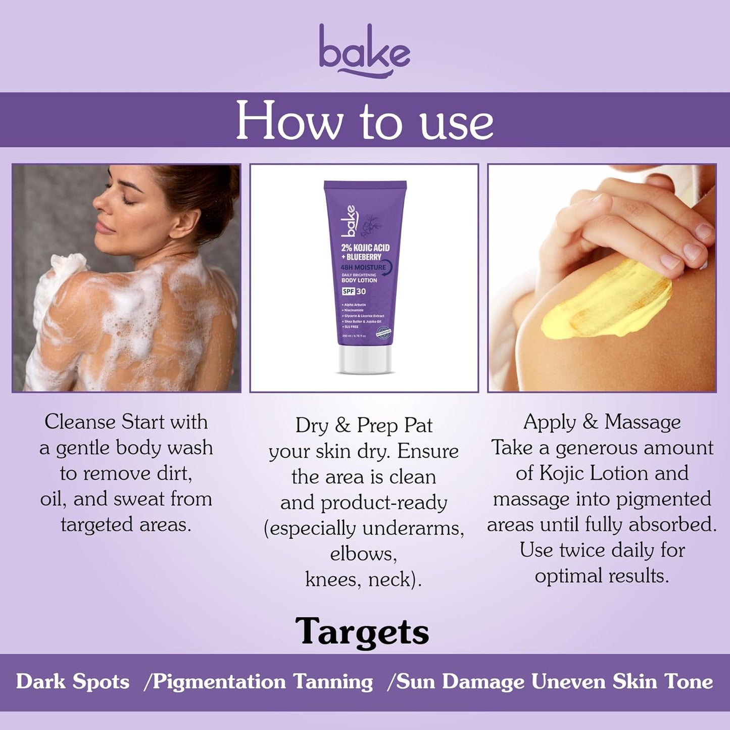 BAKE 2% Kojic Acid Brightening Body Lotion (200 ml) with Niacinamide & SPF 30 PA+++ for Pigmentation & Tan Removal | For Dark Spots & Sun Protection | De-Tan Body Lotion | Tanned & Pigmented Skin | For Women & Men