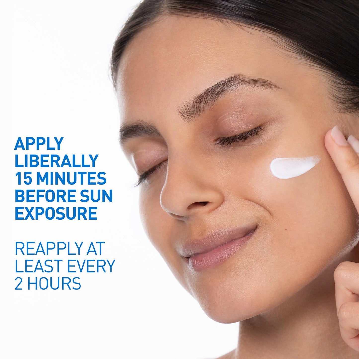Woman applying sunscreen to her face with text on sun protection instructions.