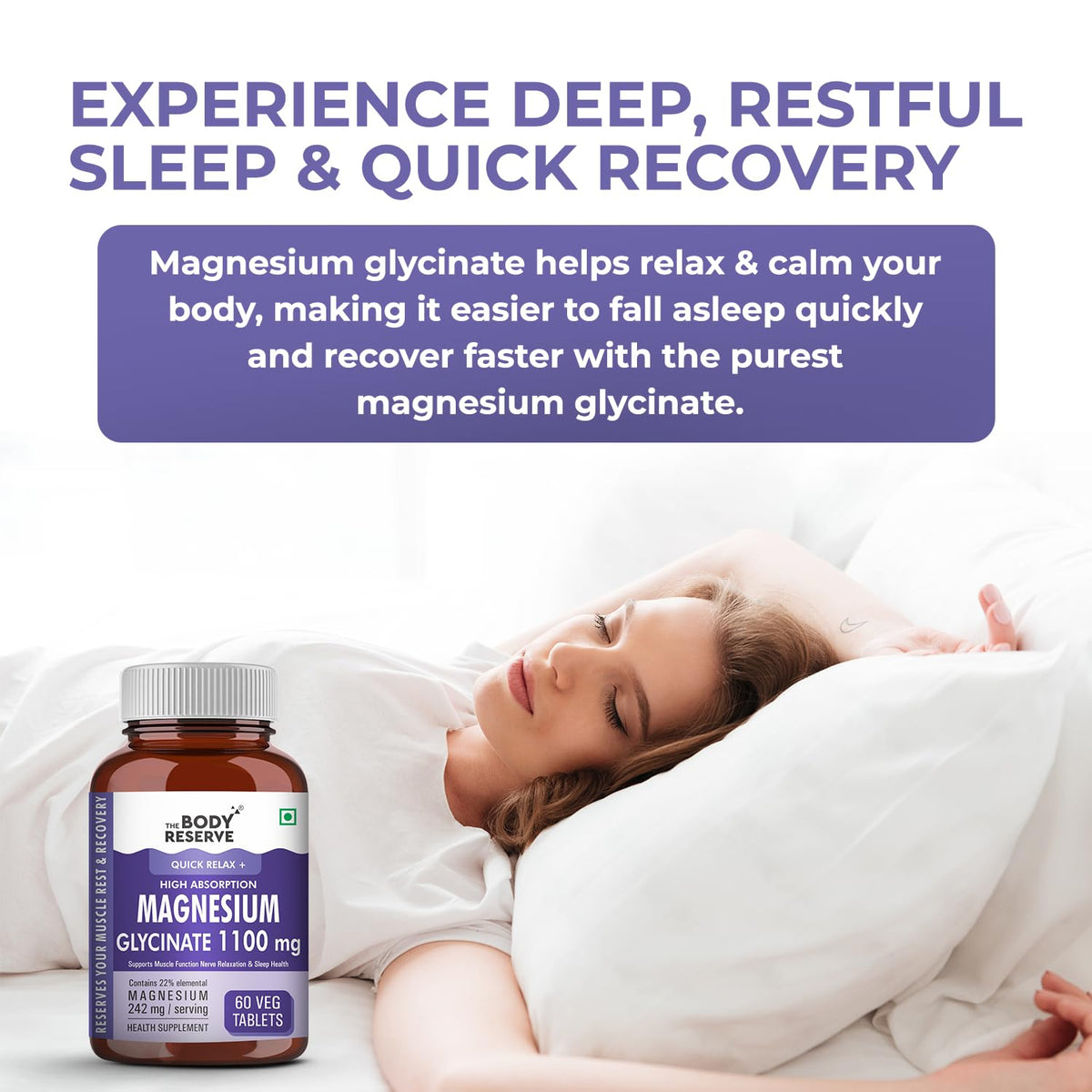 Person lying in bed with a bottle of Body Reserve Magnesium Glycinate 1100 mg supplement.