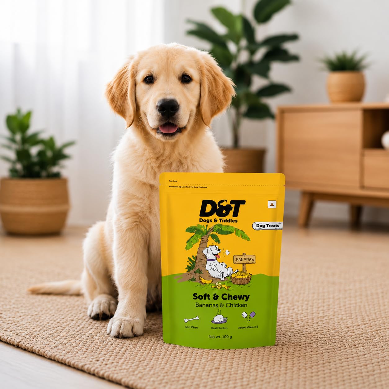 Dogs & Tiddles Banana & Real Chicken Dog Treats for Puppies & Adult Dogs, 100g | Soft & Chewy Puppy Treats | Supports Strong Bones & Teeth| Tasty Training Treats and Dog Snacks