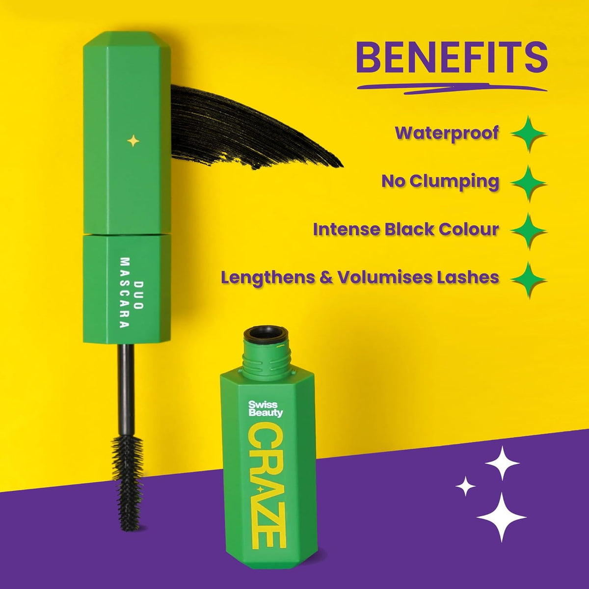 Green mascara with benefits listed on a yellow and purple background