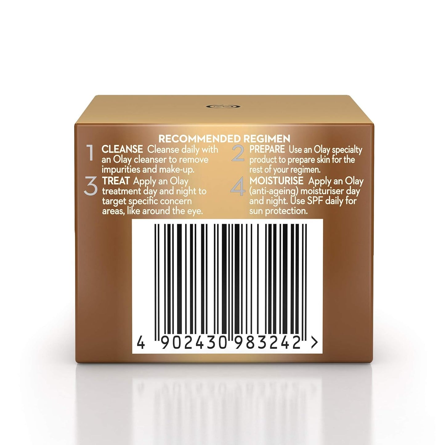 Brown box with skincare regimen instructions and barcode on a white background