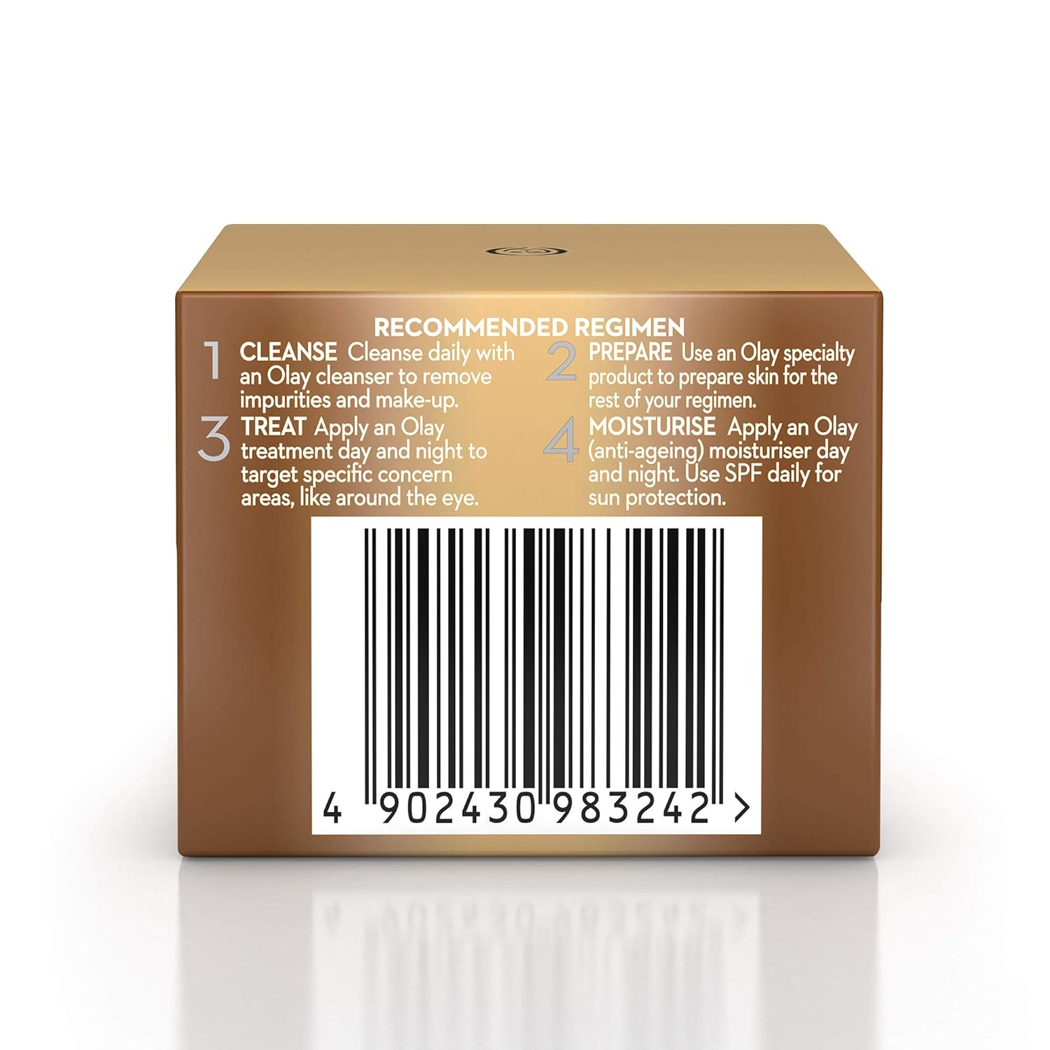 Brown box with skincare regimen instructions and barcode on a white background