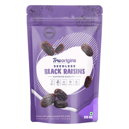 TruOrigins Seedless Black Raisins (Kishmish/Munakka) | 100% Natural & Sun Dried | Soft, Juicy & Handpicked | Premium Quality Raisins | Ethically Sourced | No Preservatives