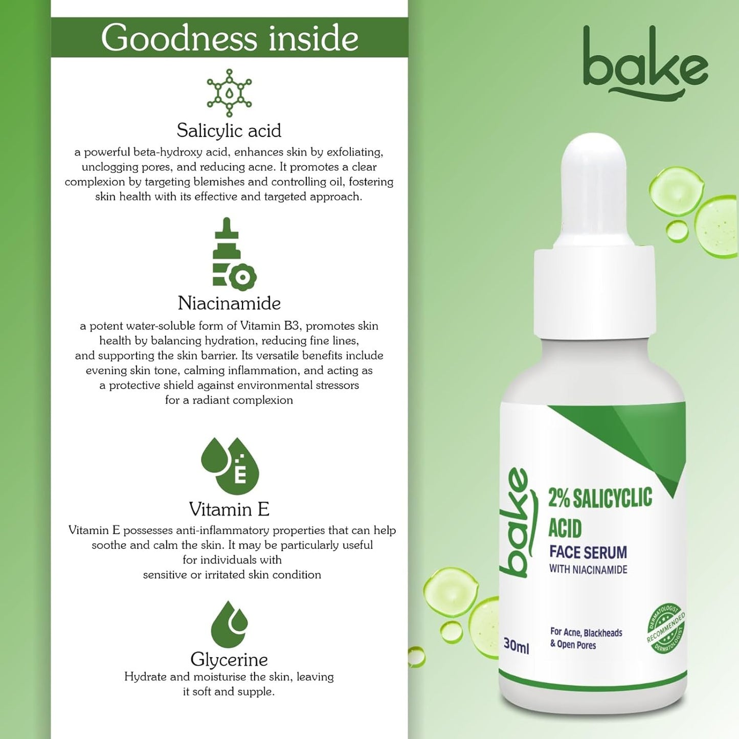 BAKE 2% Salicylic Acid Face Serum for Active Acne, Blackheads & Whiteheads with Niacinamide | Fades Acne Marks, Controls Sebum Production | For Women & Men | 30ml