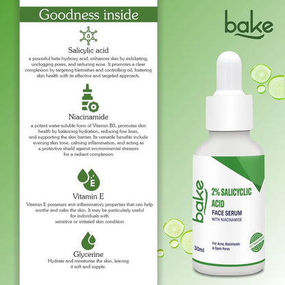 BAKE 2% Salicylic Acid Face Serum for Active Acne, Blackheads & Whiteheads with Niacinamide | Fades Acne Marks, Controls Sebum Production | For Women & Men | 30ml