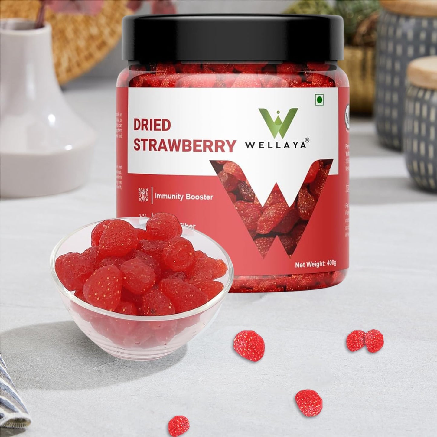 WELLAYA Premium Dried Strawberry | 100% Natural Dehydrated Strawberries | High In Vitamin C, Nutrients & Other Anti-oxidants | Healthy and Tasty Whole & Dried Strawberries