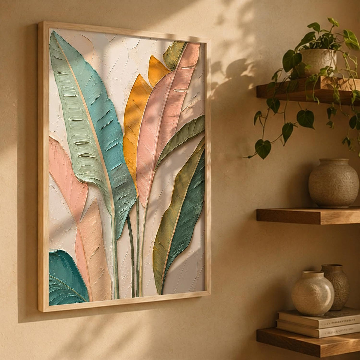 Decorative Modern Leaf Wall Art Painting With Frame | Leaf Painting For Living Room Bed Room Hotel Wall Decor Digital Reprint (14X20 inch)