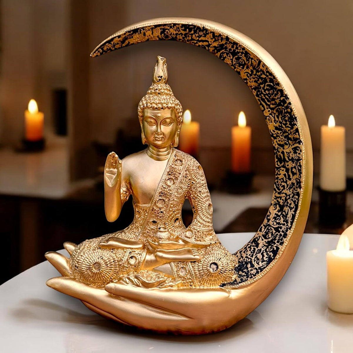 Big Meditating Moon Buddha Statue Showpiece Gold Finish | Spiritual Home Decor Idol for Living Room Meditation Table Office Shelf | Peaceful Zen Figurine Gift for Home Temple