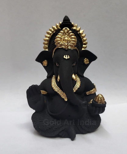 Gold Art India Terracotta Black Ganesh Idol for Car Dashboard Small Ganesha Murti Ganpati Idol for Home Decor Puja Lord Ganesh Statue Gift for Office Desk Puja Room Figurine 3.5 X 2 Inches, Idol