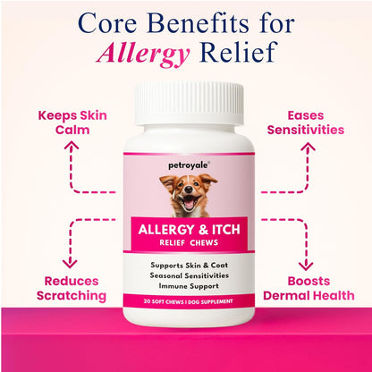 Petroyale Allergy & Itch Chews for Dogs | Anti-Allergy & Anti-itching Supplement - Relief from Allergies, Hot Spots, Dry Skin, Scratching for Dogs - Grape Seed Extract & Rosemary | 20 Soft Chews